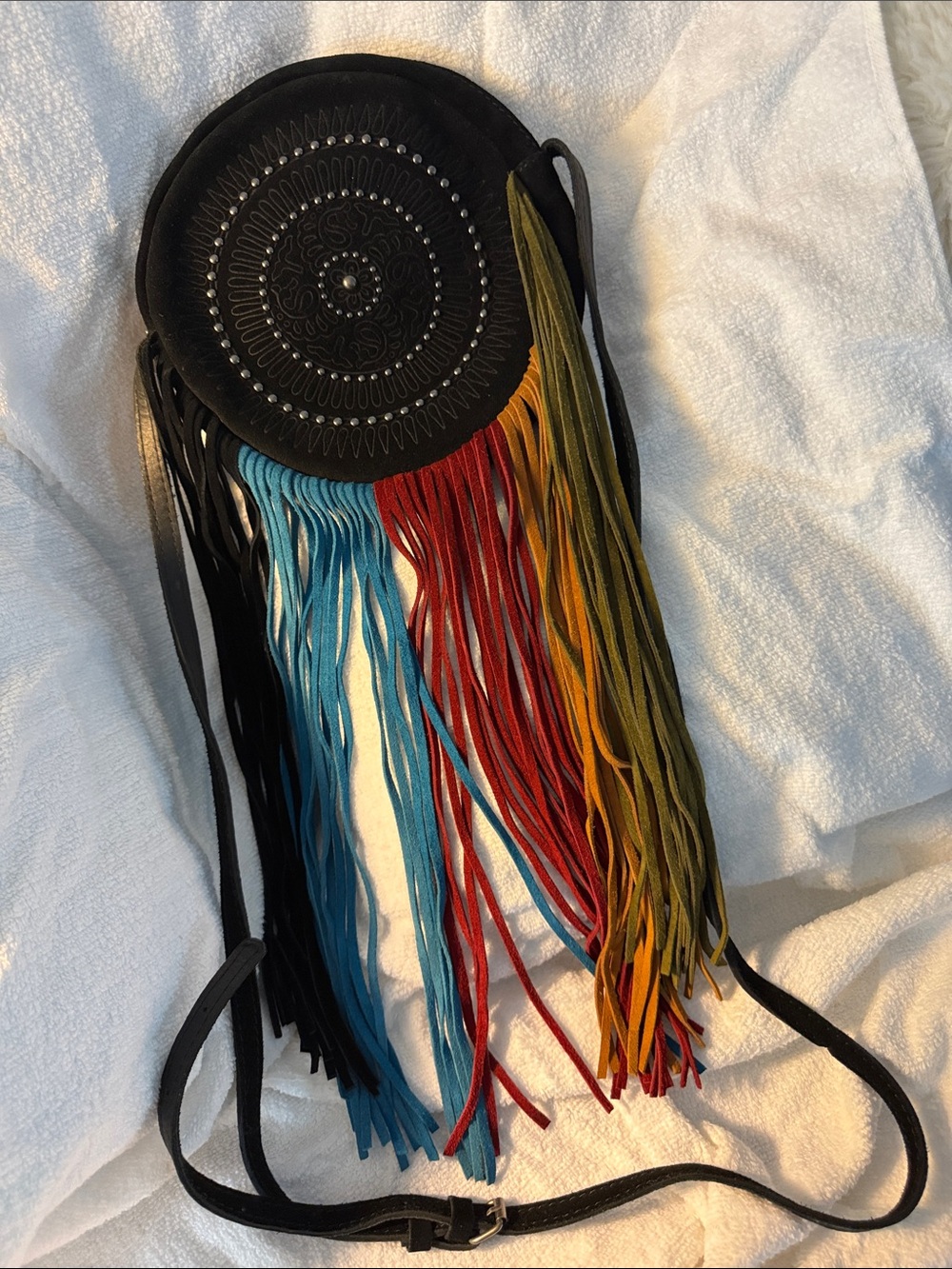 Patricia Nash Black Round Leather Crossbody with Multicolor Fringe